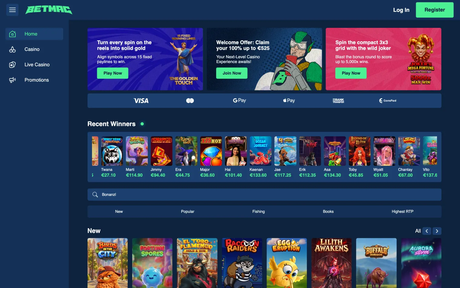 BetMac casino lobby